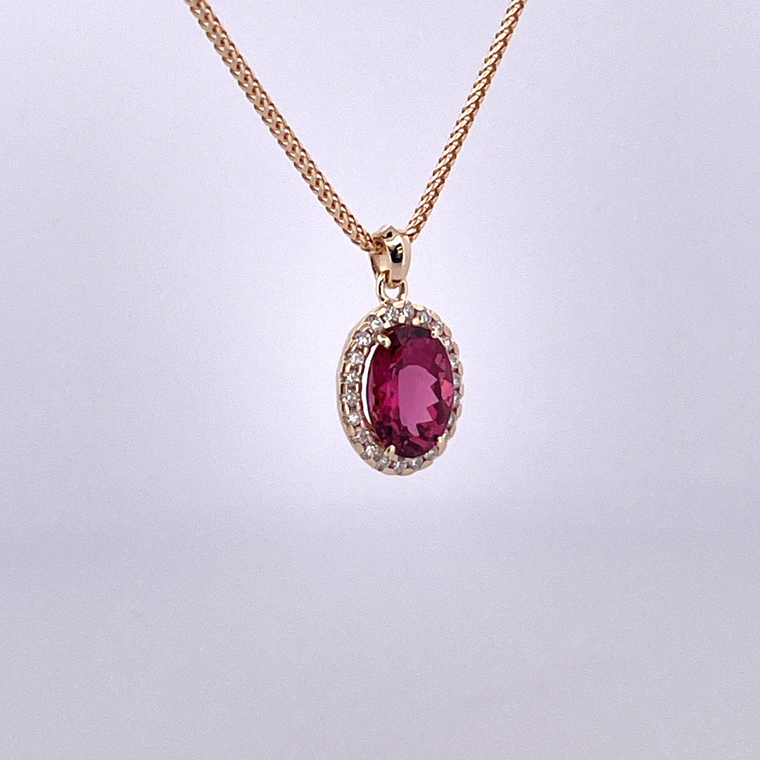 P2649 Pink Tourmaline and Diamond halo pendant