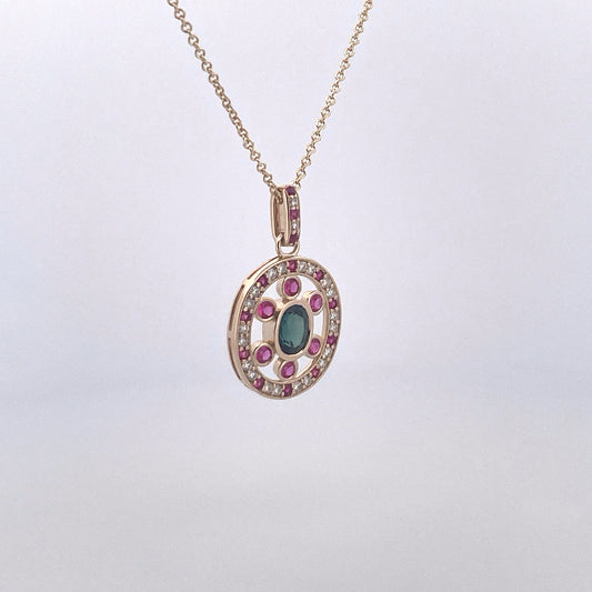P2747 Green Sapphire with Pink Sapphire and Diamond surround