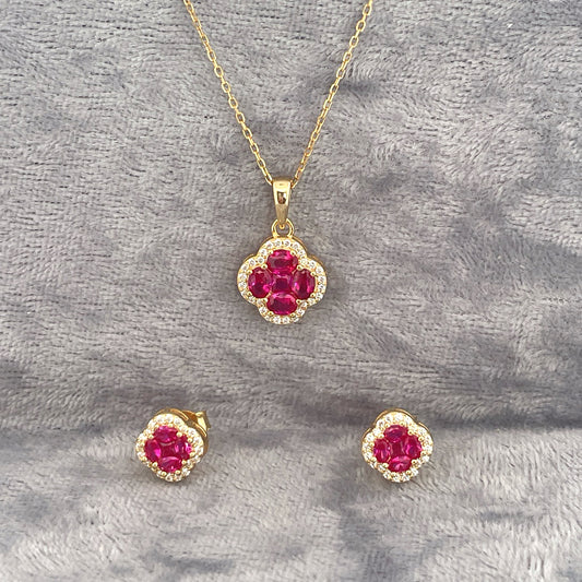 P2791 E4131 gold plated red c.z clover set