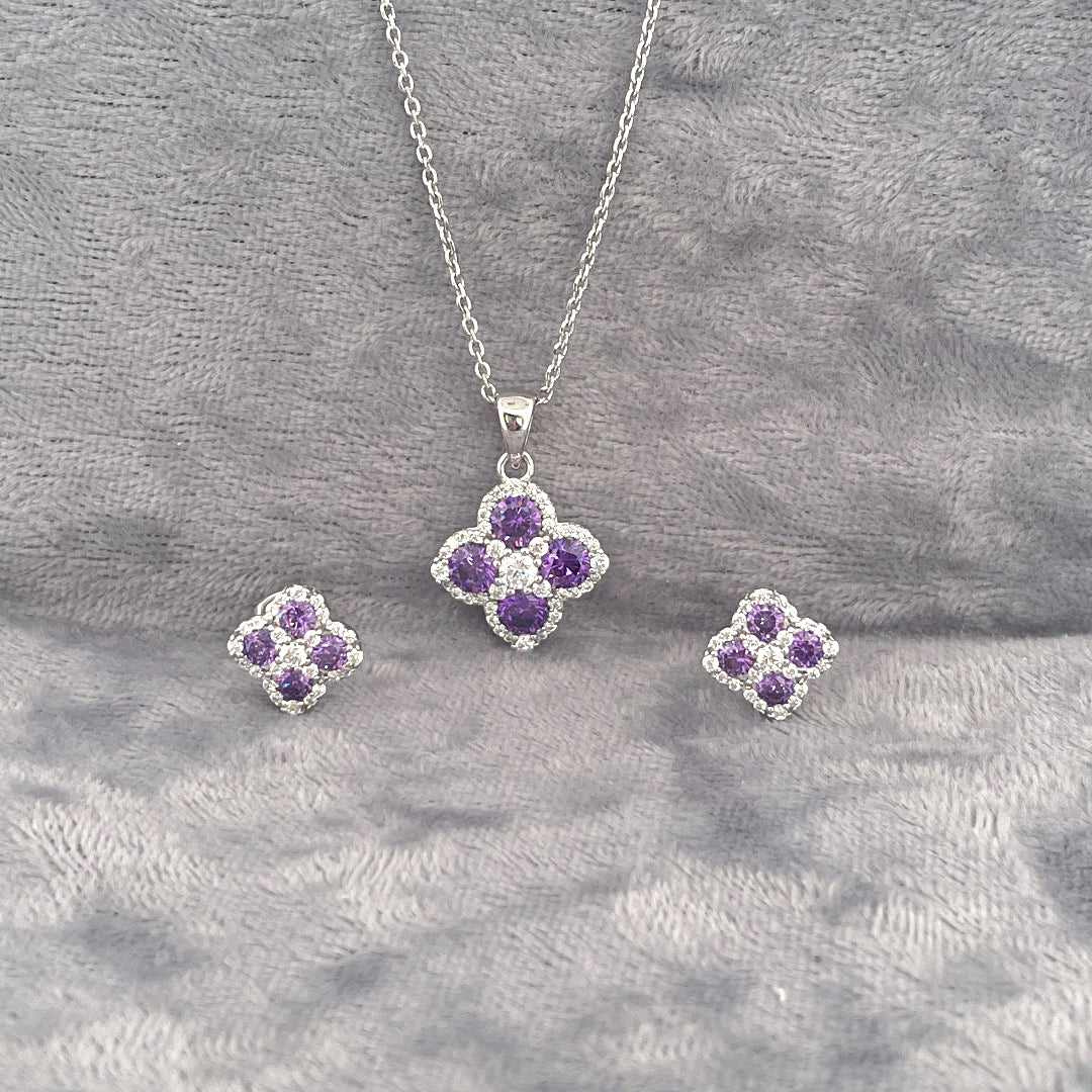 P2809 E4182 Silver purple c.z clover set