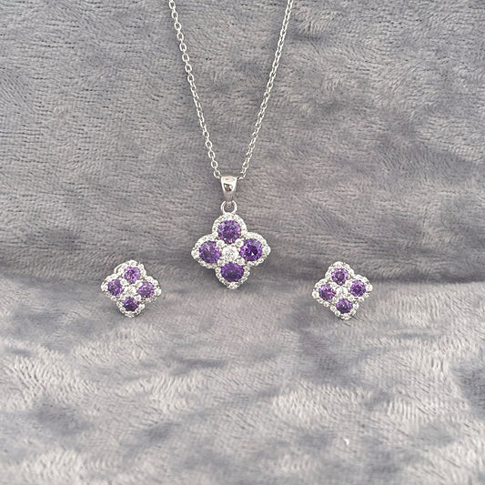 P2809 E4182 Silver purple c.z clover set