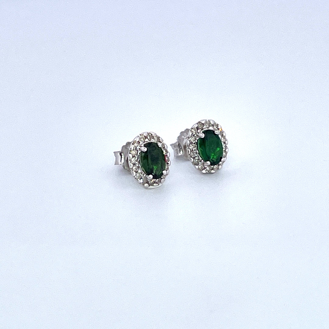 E3882 18ct White gold oval green tourmaline and diamond cluster studs