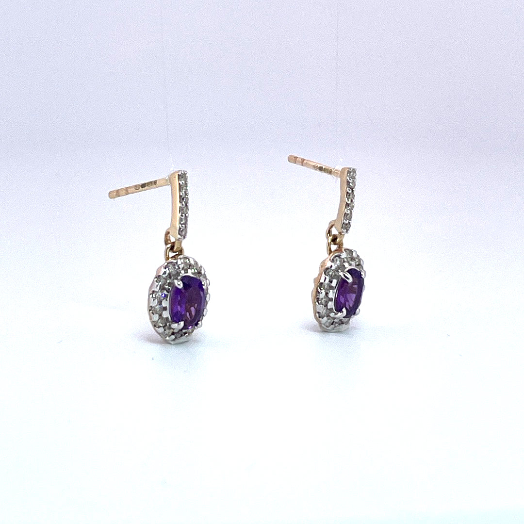 E3885 9ct Amethyst and Diamond cluster drop earrings