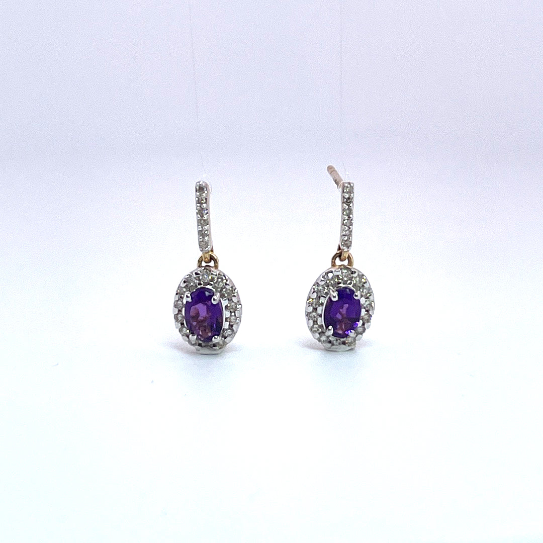 E3885 9ct Amethyst and Diamond cluster drop earrings