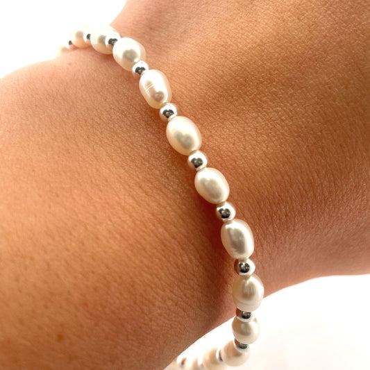 B1182 Pearl a Silver bead link
