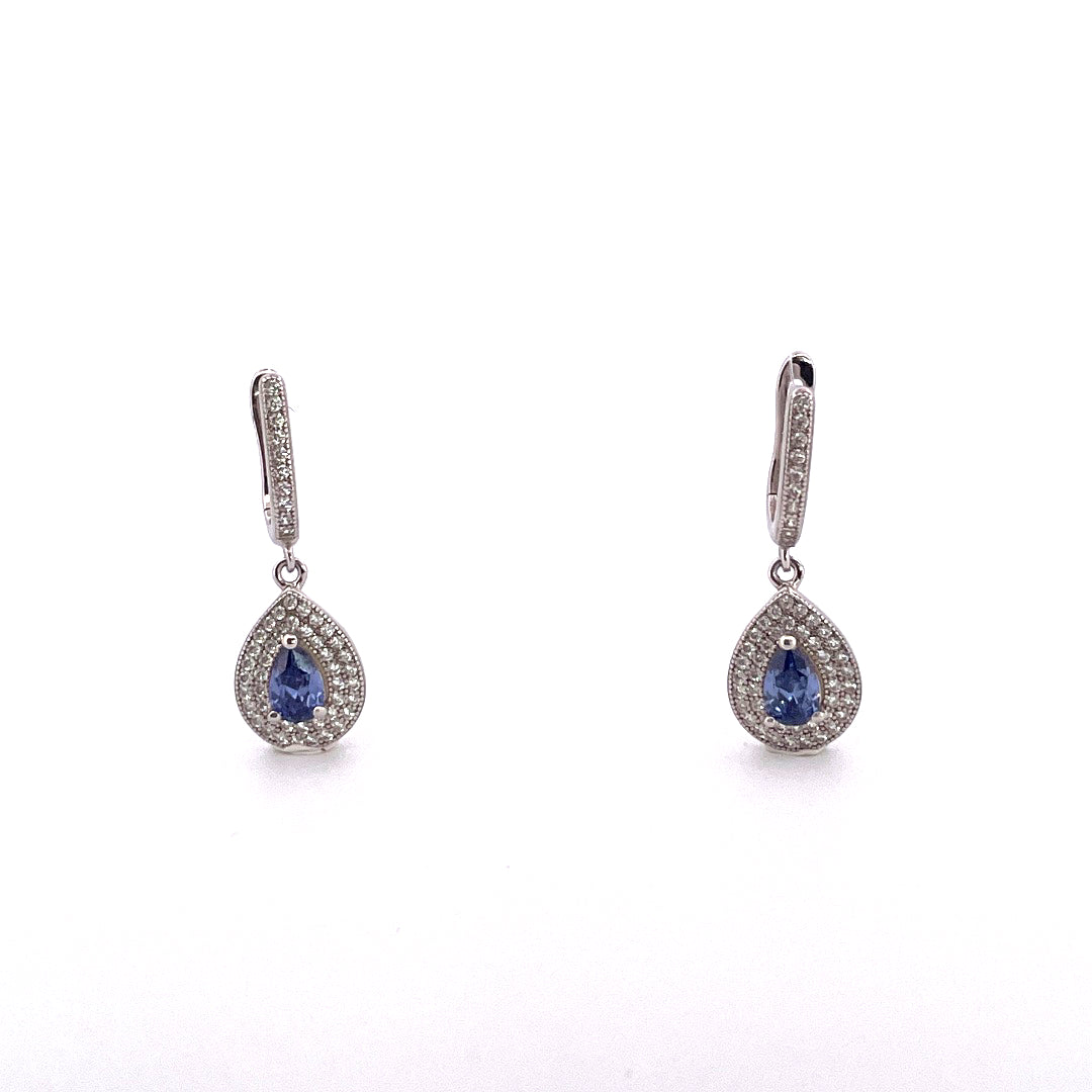 E3762 Sil Drops Tanz c.z Pear shaped double halo on huggie 5151