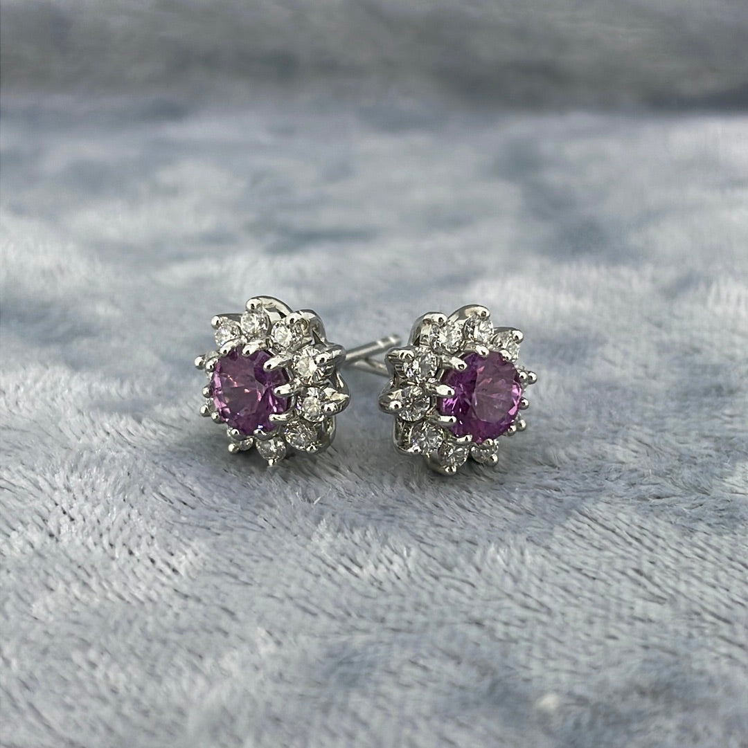 E3270 Plat Studs Pink Sapphire 1.32ct pair and Diamond clusters 0.63ct 20x2mm bri
