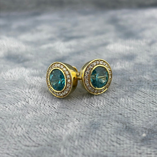 E2969 18ct Studs Blue Zircon Round studs with dia halo 2.51ct / 0.20ct