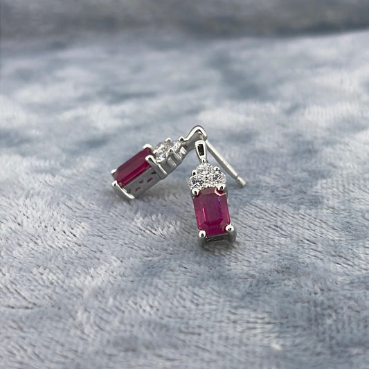 E2741 9ct Studs Ruby 6x4mm rect with three small diamonds above E4053
