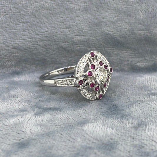 R0736 Plat Diamond 0.50ct GIA k si2 pink sapphire and Diamond halo art deco