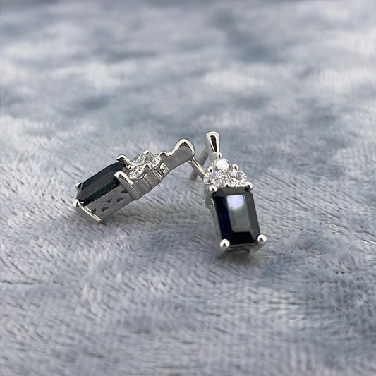 E2740 9ct Studs Sapphire 6x4mm rect with three small diamonds above E4053-6
