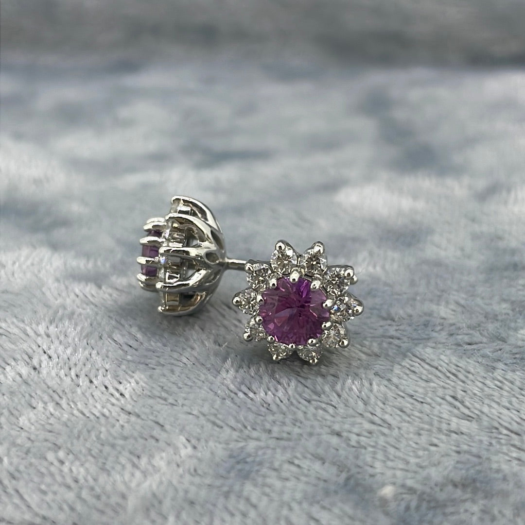 E3270 Plat Studs Pink Sapphire 1.32ct pair and Diamond clusters 0.63ct 20x2mm bri