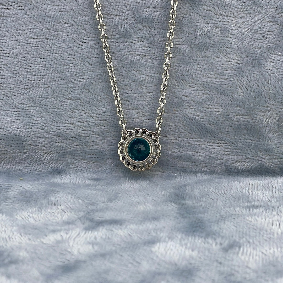 P2340 Plat Blue Zircon 2.30ct Diamond halo 16 x 1.5mm 0.23ct cluster