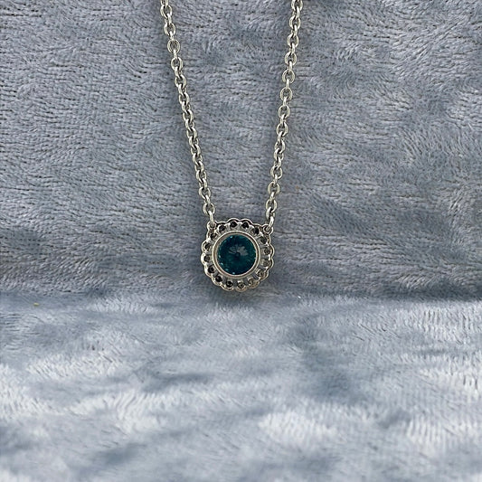 P2340 Plat Blue Zircon 2.30ct Diamond halo 16 x 1.5mm 0.23ct cluster