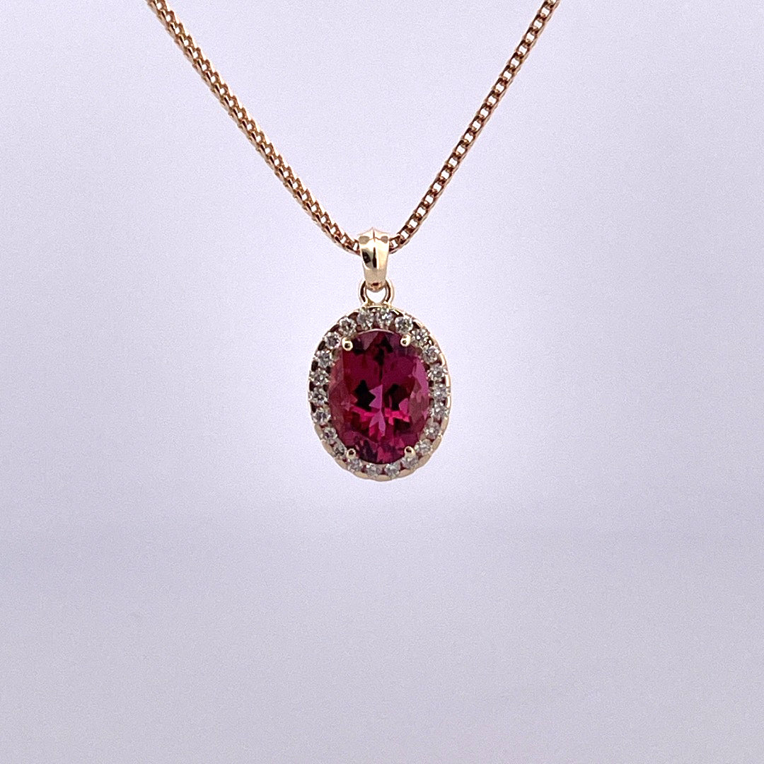 P2649 Pink Tourmaline and Diamond halo pendant