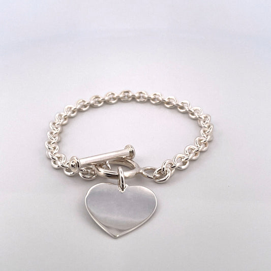 B1164 Silver belcher link with t-bar clasp and heart tag