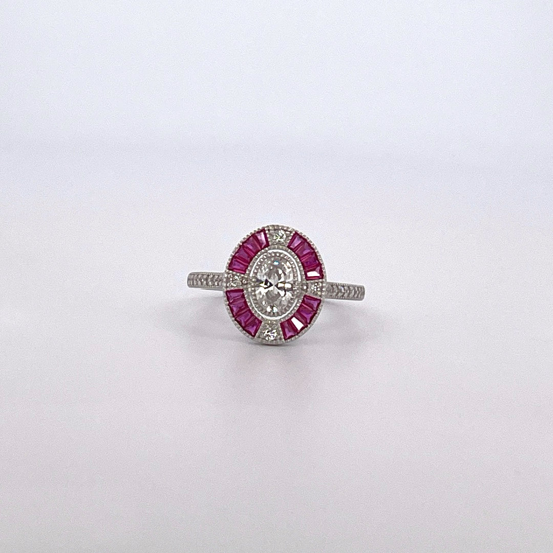 R0896 Silver art deco style red c.z cluster