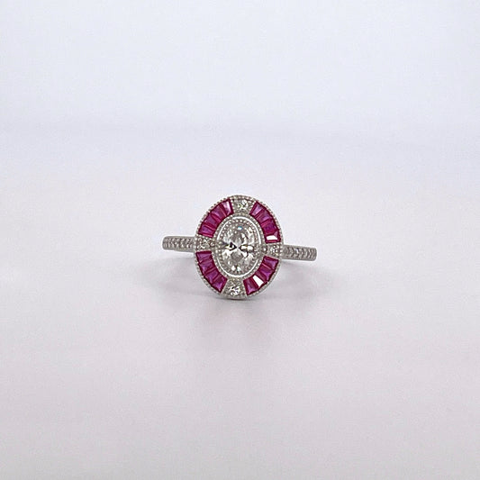 R0896 Silver art deco style red c.z cluster