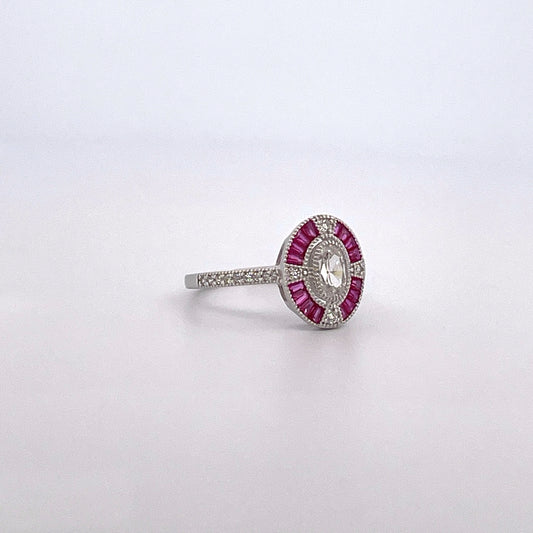 R0896 Silver art deco style red c.z cluster