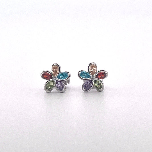 E4005 Silver multi colour c.z flower studs