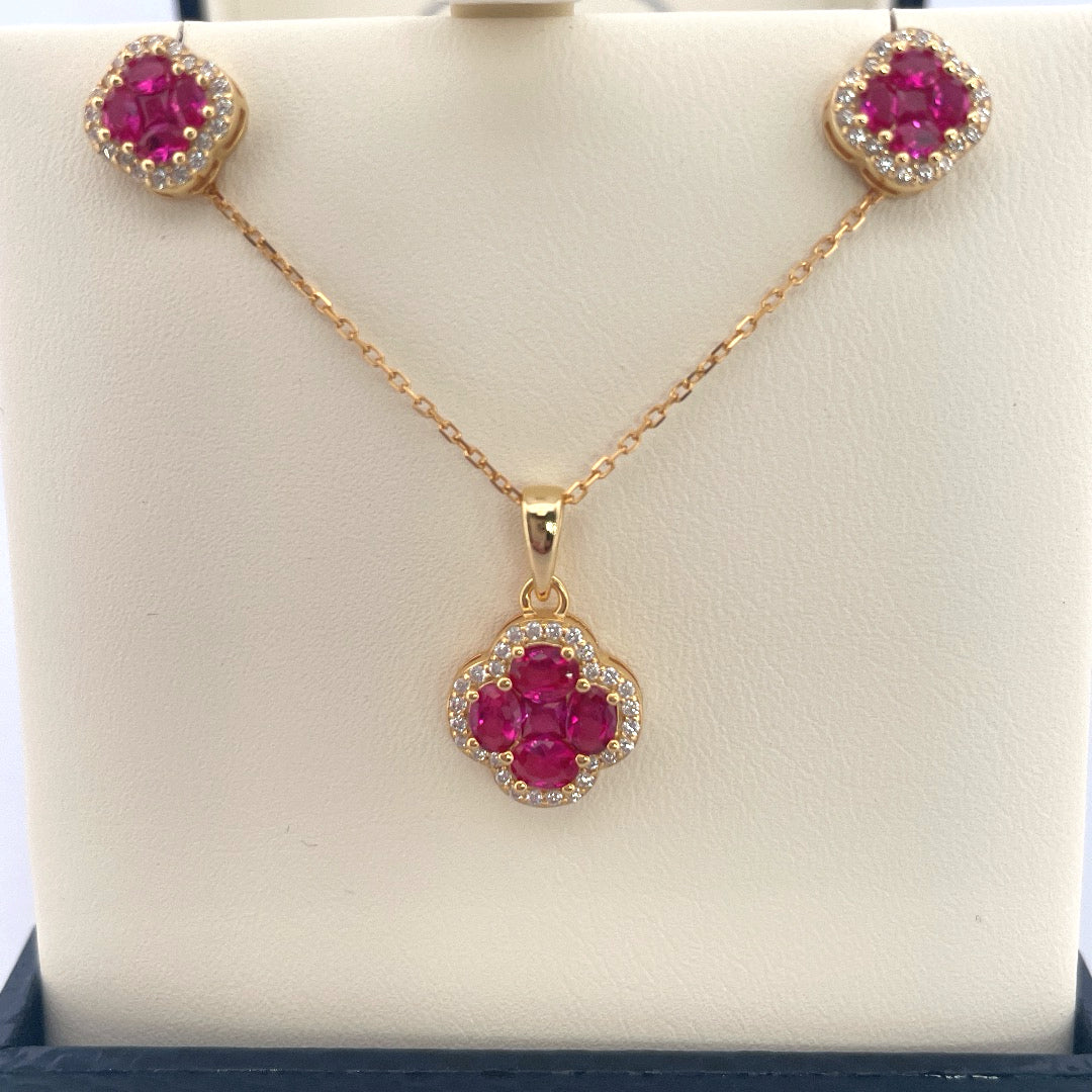 P2791 E4131 gold plated red c.z clover set