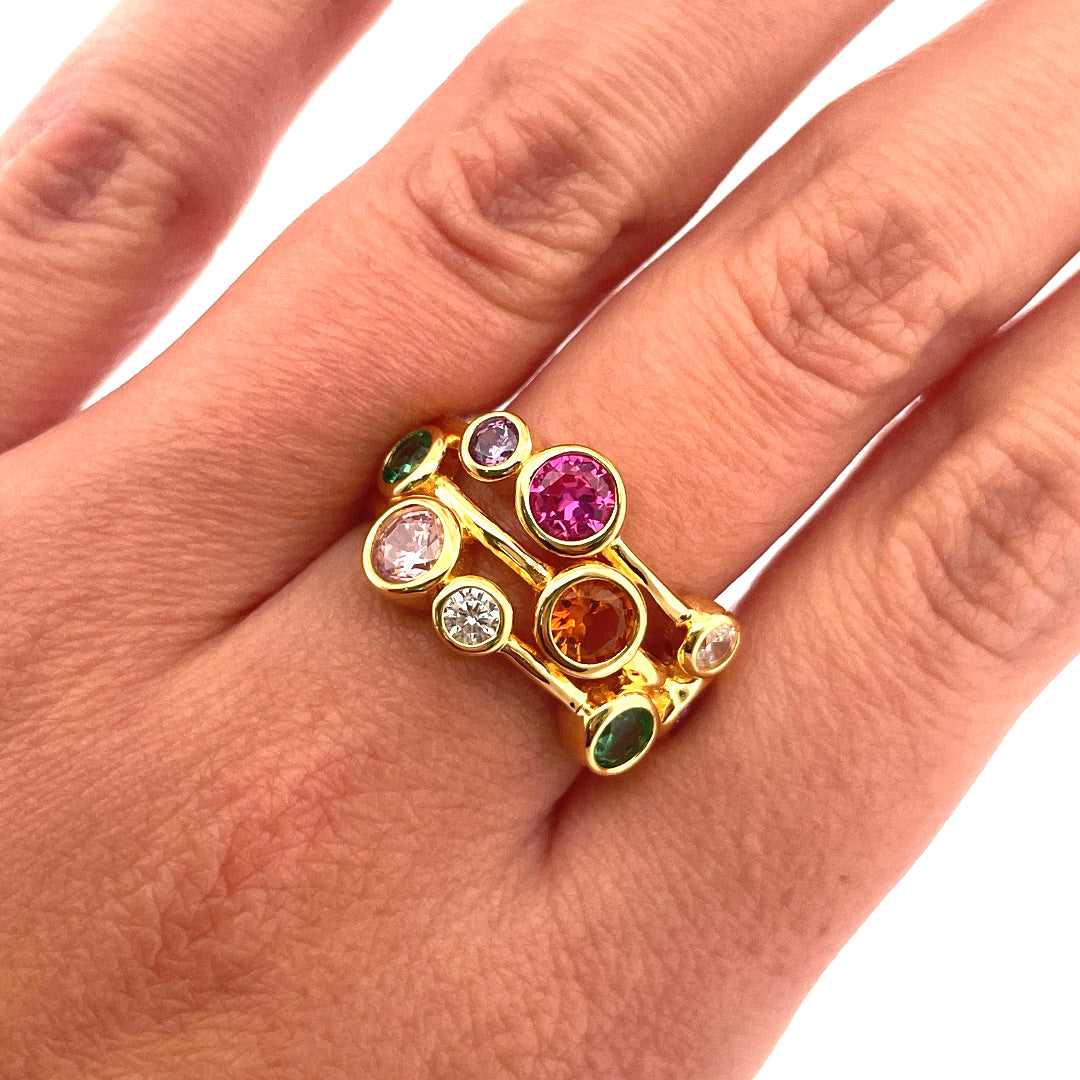 R0906 gold plated multi colour c.z bubble ring