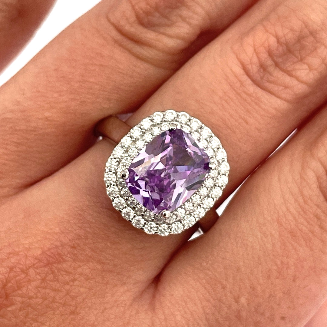 R0914 Silver purple c.z cluster ring