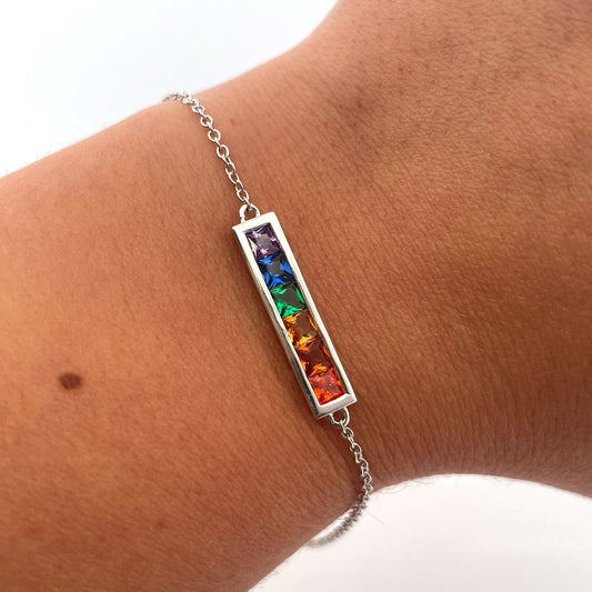 B1233 Silver rainbow c.z bar bracelet