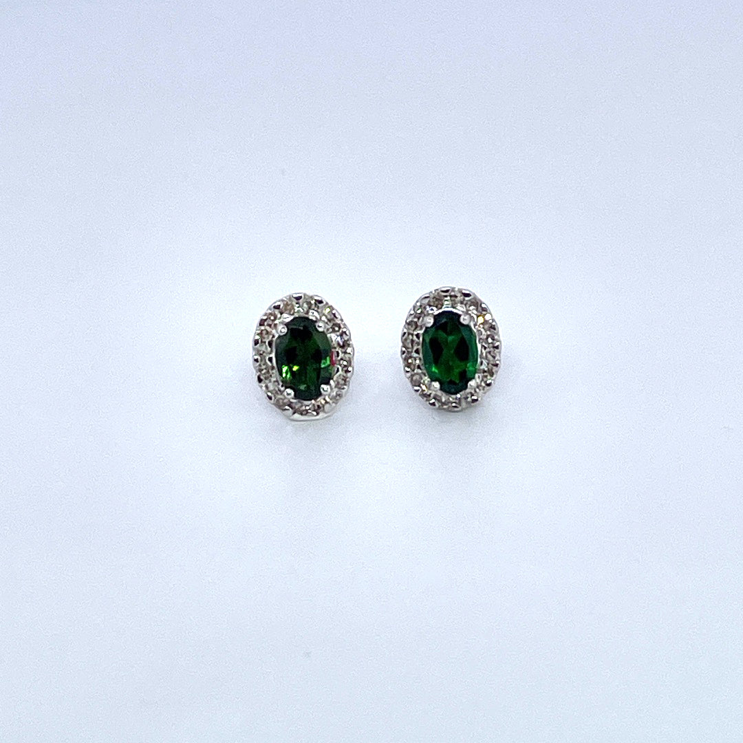 E3882 18ct White gold oval green tourmaline and diamond cluster studs