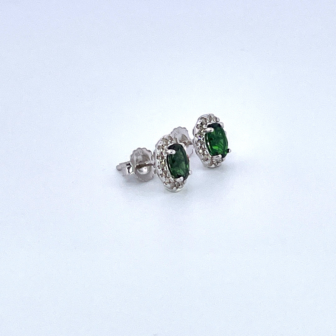 E3882 18ct White gold oval green tourmaline and diamond cluster studs