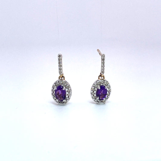 E3885 9ct Amethyst and Diamond cluster drop earrings