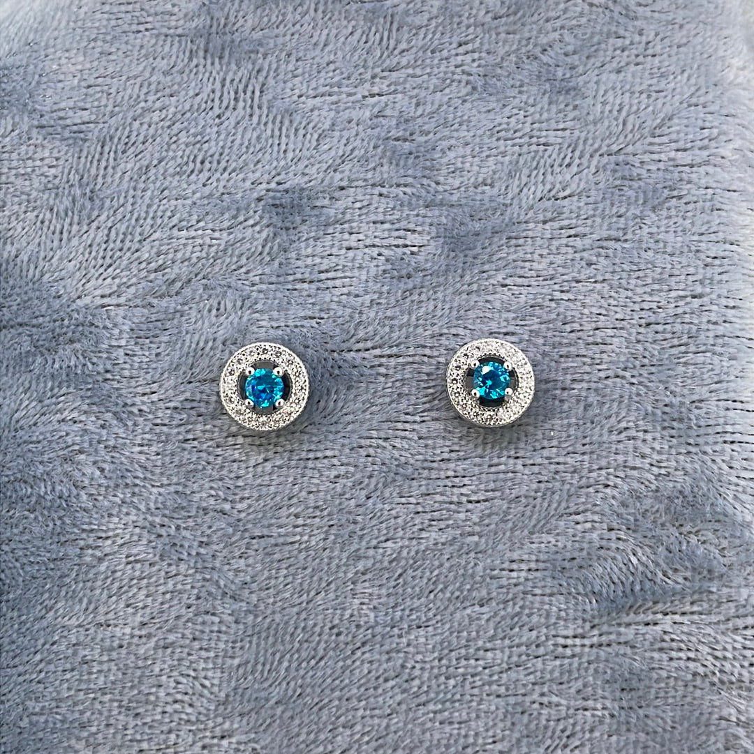 E3738 Sil Studs Blue C.Z Small round with halo 5022