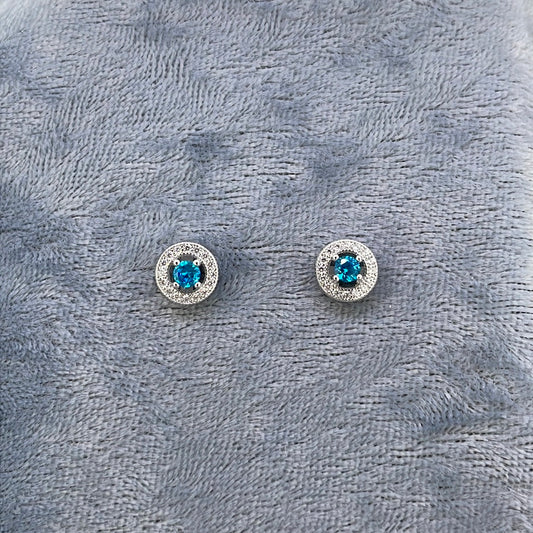 E3738 Sil Studs Blue C.Z Small round with halo 5022