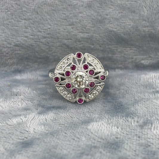 R0736 Plat Diamond 0.50ct GIA k si2 pink sapphire and Diamond halo art deco