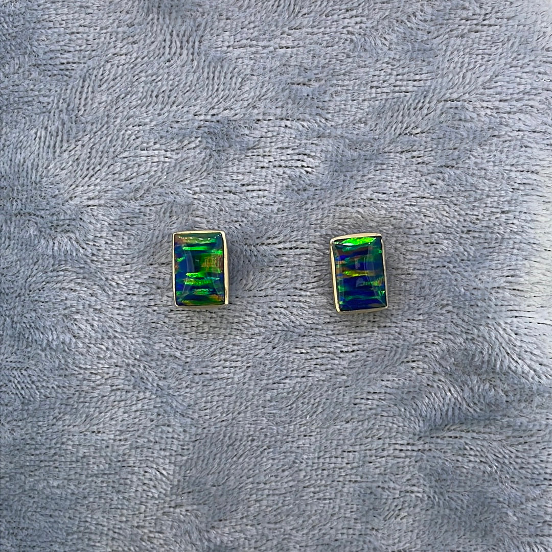 E3219 9ct Studs Opalite Rectangular green blue red ER1509