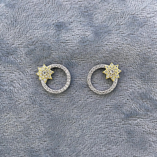 E3721 2 tone Studs C.Z Round open circle with single star 5955