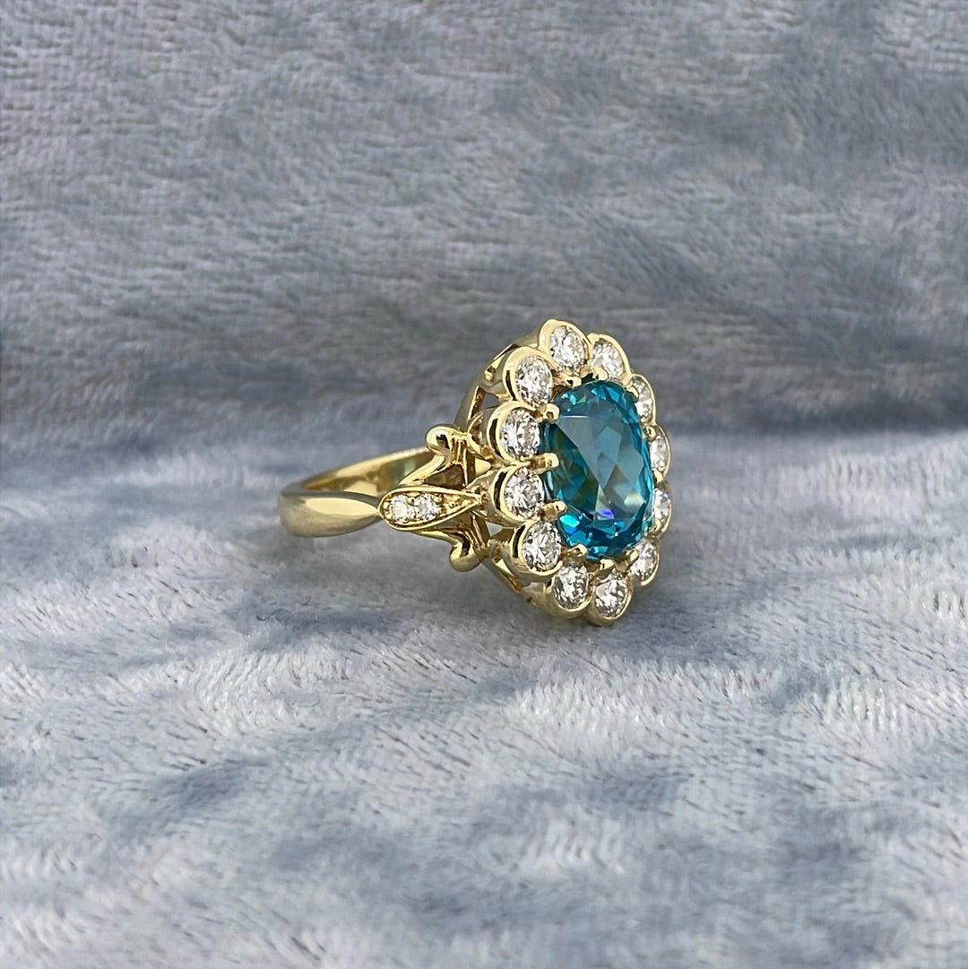 R0831 5.61ct Blue Zircon and Diamond cluster ring