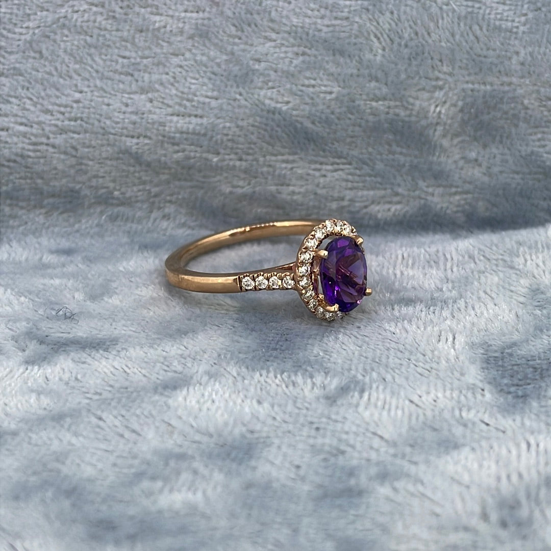 R0760 9ct Amethyst Oval with delicate diamond halo 0.25ct R966C1-AM