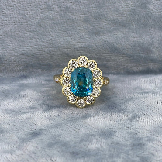 R0831 5.61ct Blue Zircon and Diamond cluster ring