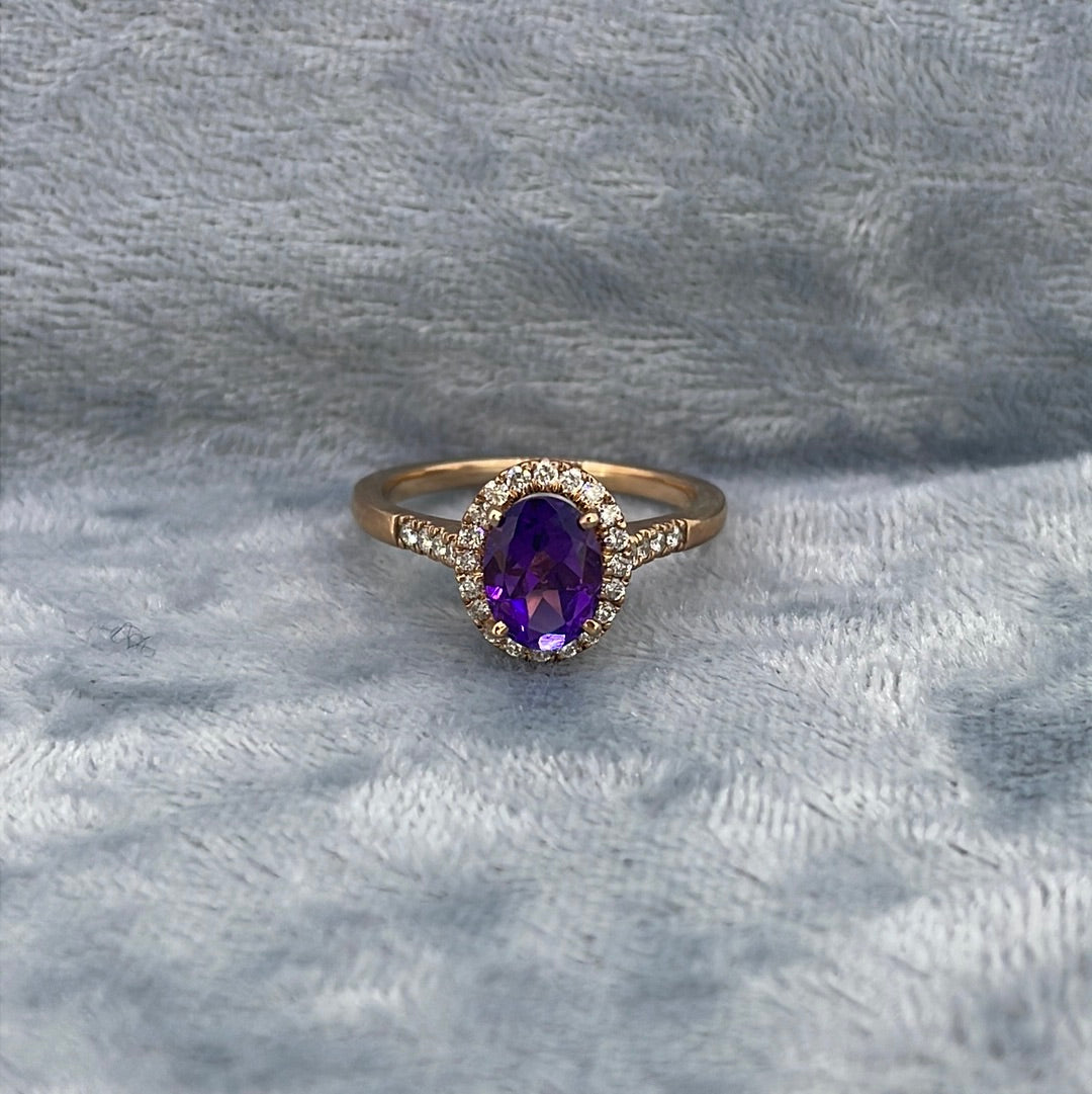 R0760 9ct Amethyst Oval with delicate diamond halo 0.25ct R966C1-AM