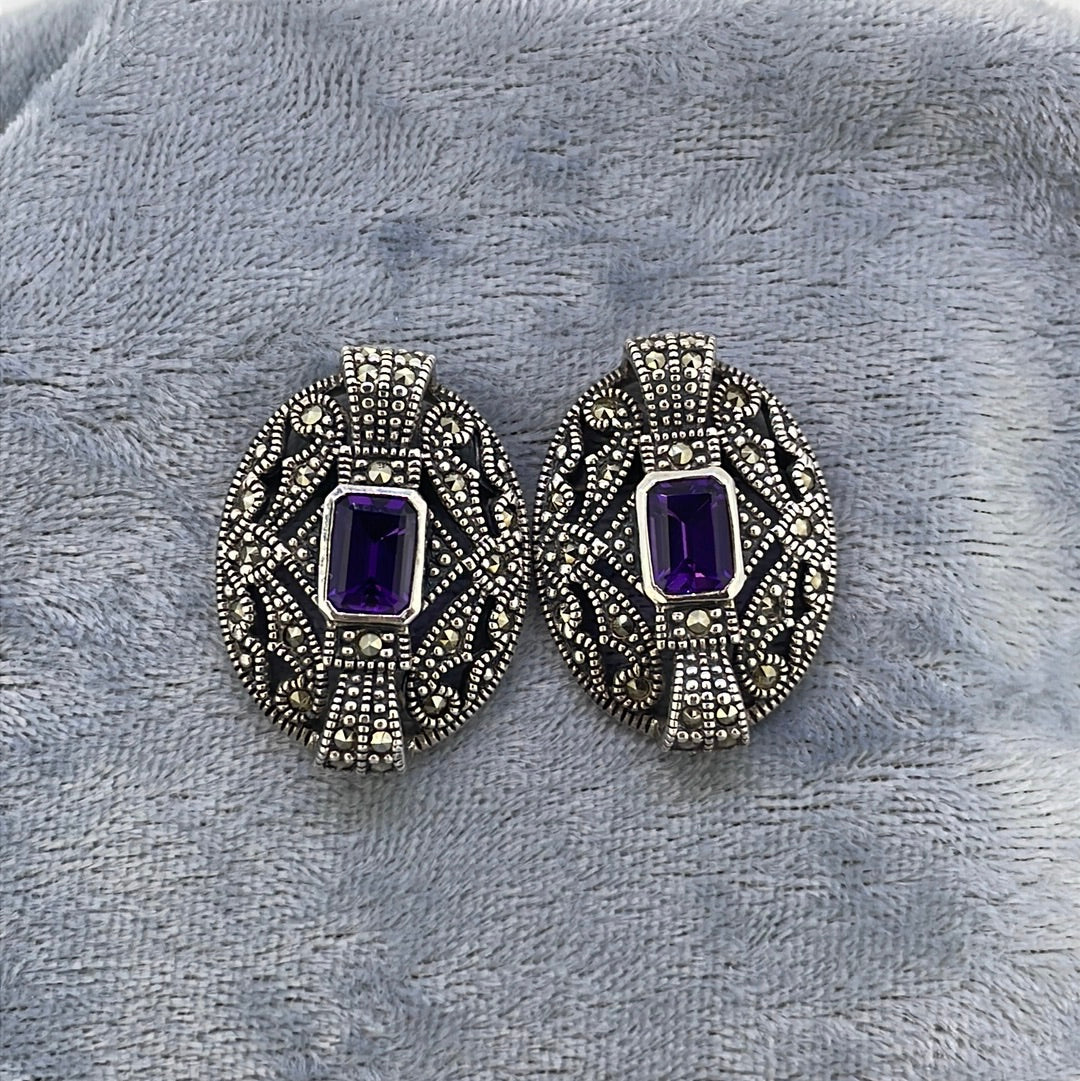 E2840 Sil Studs Amethyst Large oval art deco with marcasite AB198