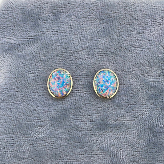 E3438 9ct Studs Opalite Oval springtime 10x8mm